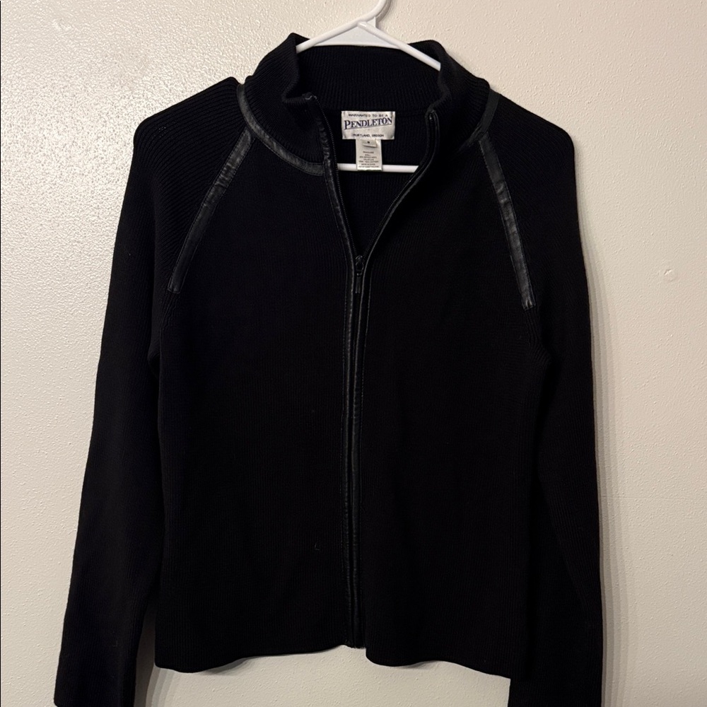 Pendleton Black Knit Jacket With Leather Trim S - image 1